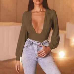 Long Balloon Sleeve Deep V Neck Bodysuit Top Sexy Clubwear Green